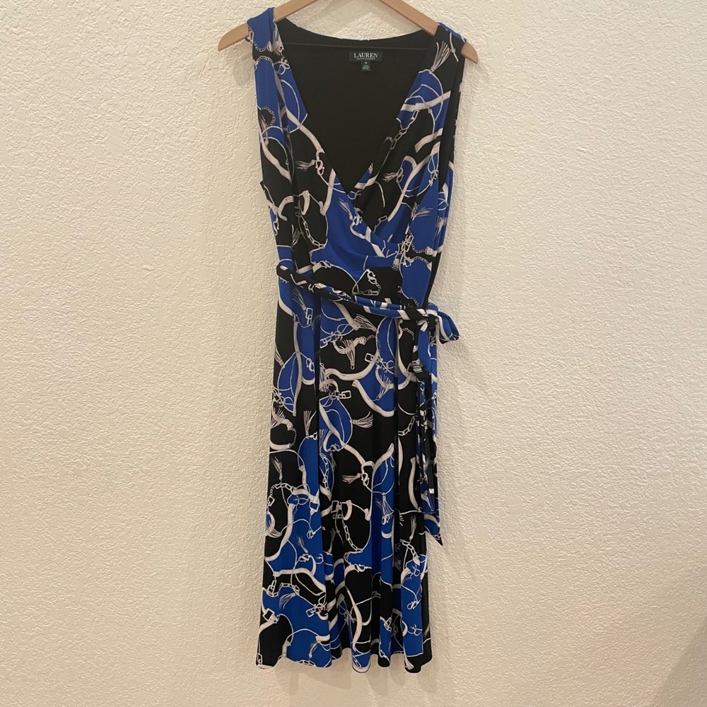 Lauren Ralph Lauren Blue Black Equestrian Chain Print Faux Wrap Dress Size 16 - Picture 2 of 9
